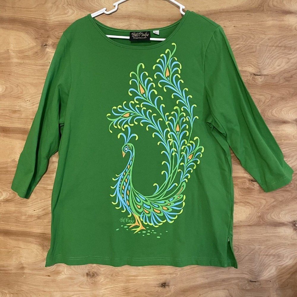 Bob Mackie Green Floral Peacock Top 3/4 T Shirt L Butterfly EUC